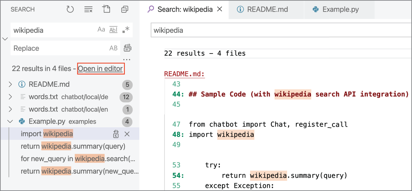Snapshot of showing that when search results are opened in the editor, each instance of the term is listed alongside the respective line in the file.