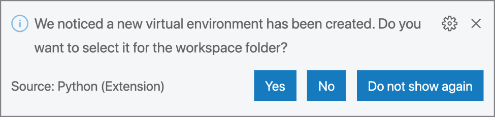 Snapshot of the Visual Studio Code providing a notification requesting whether to select the environment for the workspace folder. Clicking Yes activates the virtual environment and selects the virtual environment as the interpreter.