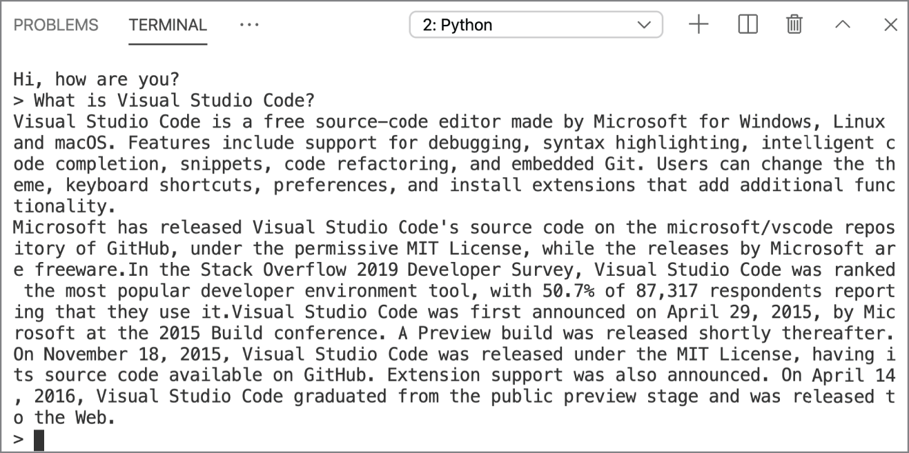Snapshot of an inquiry is made to the chatbot about Visual Studio Code. The response provided by the chatbot is the introductory paragraph for the Visual Studio Code Wikipedia page.