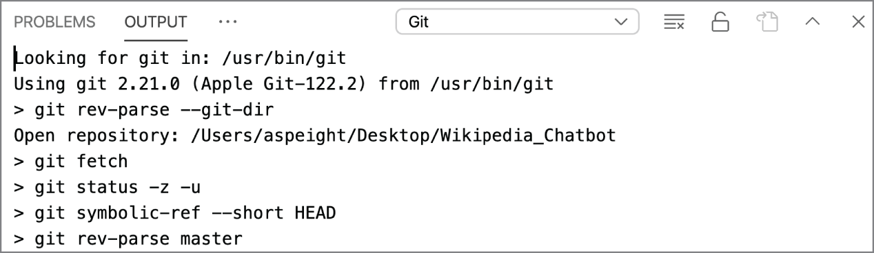 Snapshot of the Output window displays the Git output for the repository.