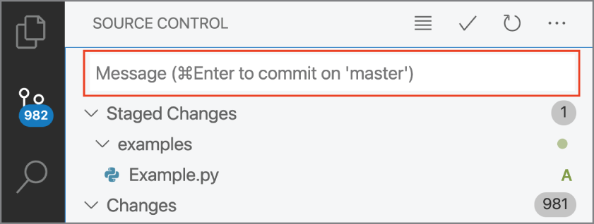 Snapshot of commit messages are entered in the Message bar.