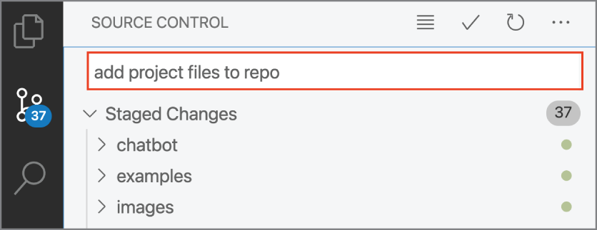 Snapshot of the commit message “add project files to repo” is entered into the Message bar.