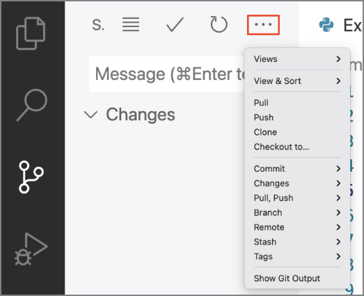 Snapshot of the More Actions menu can be accessed from the top of the Source Control view.