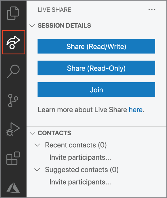 Snapshot of the Live Share Explorer icon is used to open the Live Share Explorer view. This view displays session details and contacts.