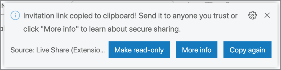 Snapshot of a notification appears in the editor to inform you that the invite link has been copied to the clipboard. The notification also provides the option to make the session read-only.