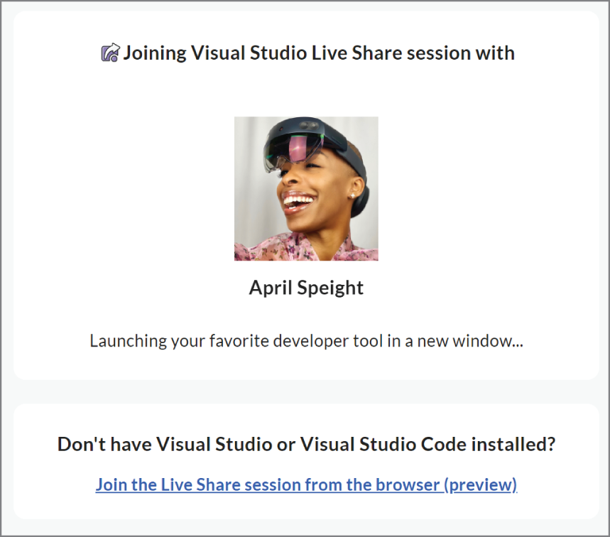 Snapshot of showing that when a guest clicks the invite link to join the session, they're given to option to either join via Visual Studio Code or continue in the browser.