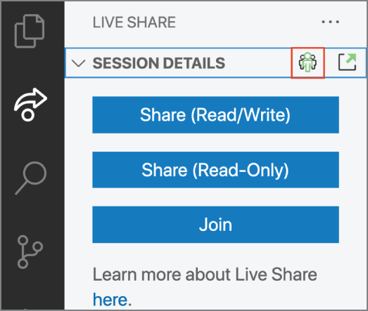 Snapshot of the Join Collaboration Session icon displays in the Session Details section of the Live Share view.