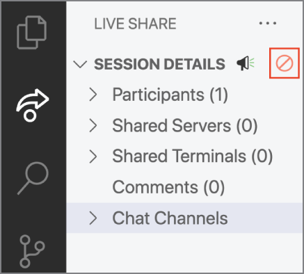 Snapshot of selecting the Leave Collaboration Session icon in the Live Share view, to leave a session.