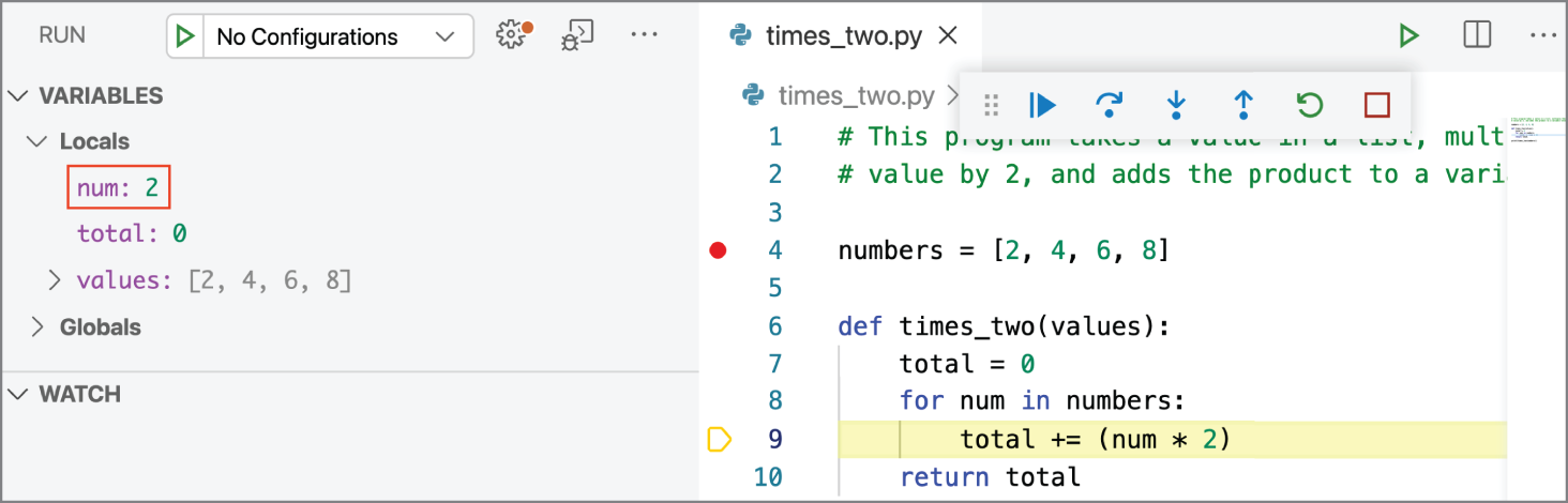 Snapshot of the num variable reflects which number in the numbers list is currently used in the iteration. Because 2 is the first item in the list, it's clear that the for loop is currently going through the first iteration.