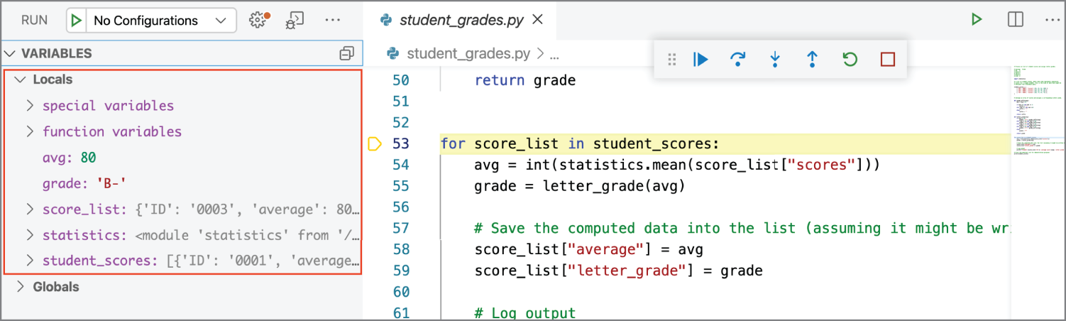 Snapshot of the debugger breaks when the student ID is 0003. The Variables panel reflects the local variables for student ID 0003.
