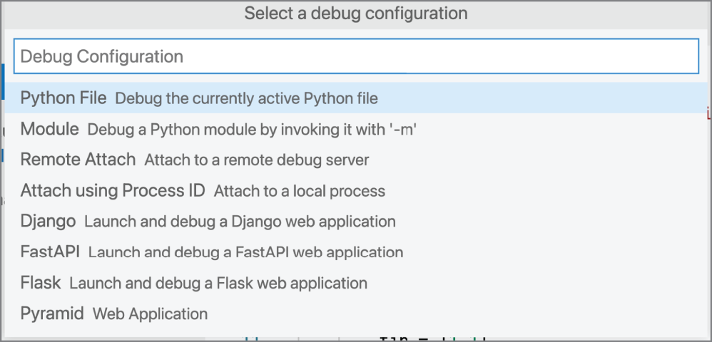 Snapshot of a list of debug configurations appears when you create a new launch.json file.