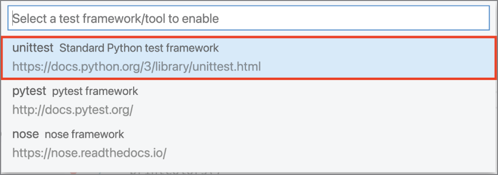 Snapshot of the unittest framework is selected as the framework.
