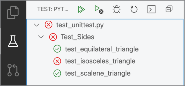 Snapshot of the Test Explorer view shows that the test failed. The first and third test cases passed, and the second test case failed.