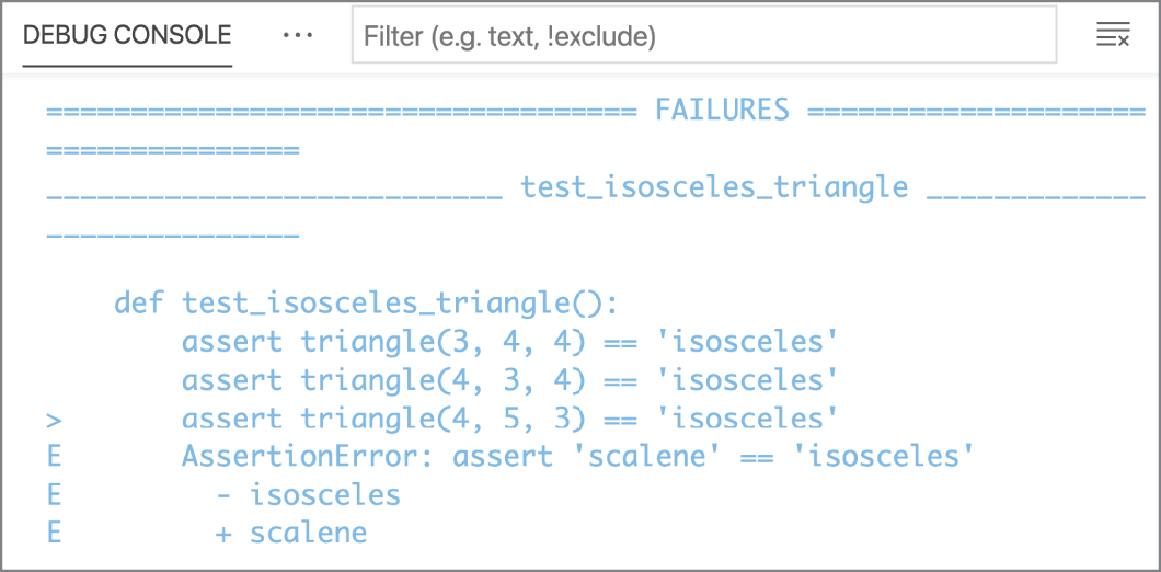 Snapshot of the Debug Console displays AssertionError: ' isosceles ' != ' scalene '.