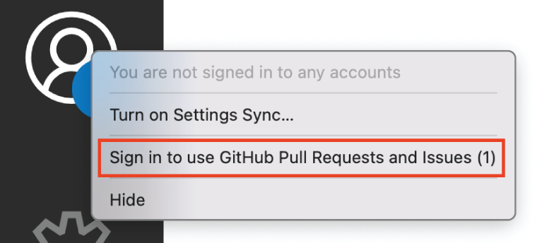 Snapshot of the Accounts icon provides an option to sign into GitHub to use the GitHub Pull Requests and Issues extension.