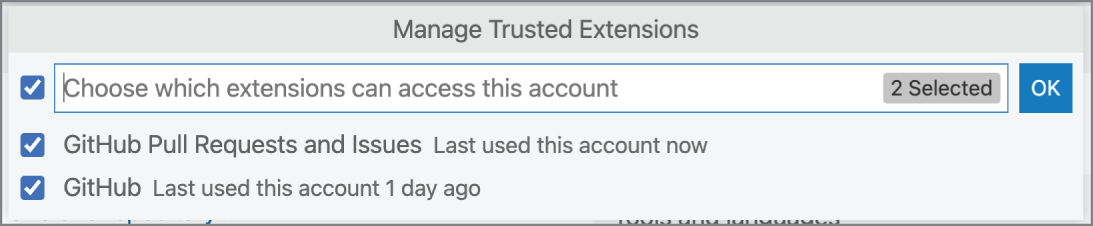 Snapshot of the Manage Trusted Extensions menu lists all extensions that have access to the GitHub authentication in addition to the last time the extension used the GitHub account.