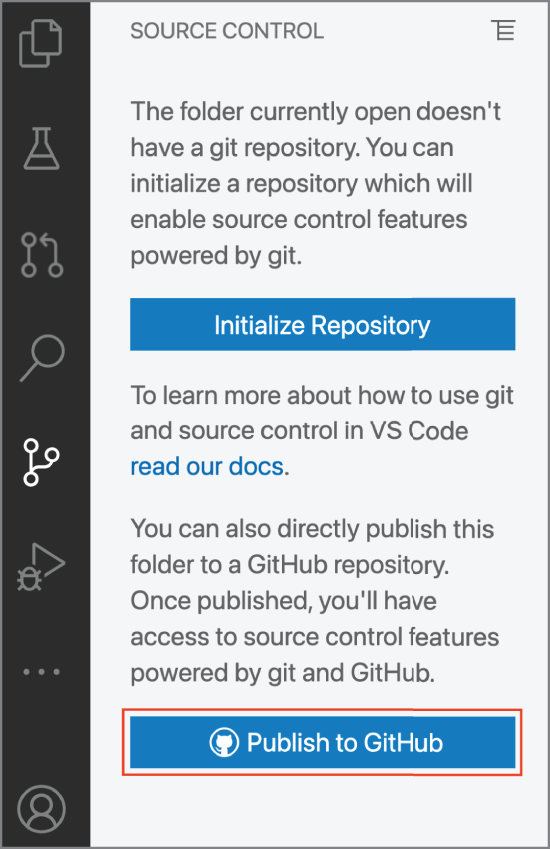 Snapshot of clicking the Publish To GitHub button publishes the project to GitHub.