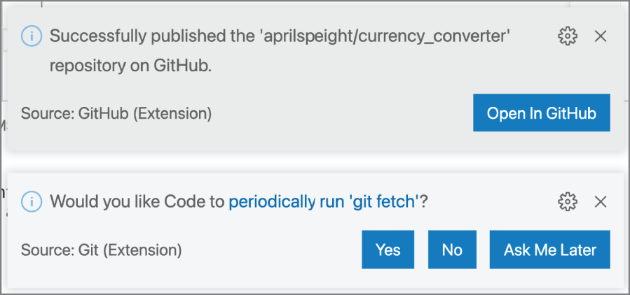 Snapshot of a notification appears in the lower right of the editor to inform you that repository was successfully published to GitHub. You have the option to open the repository in GitHub