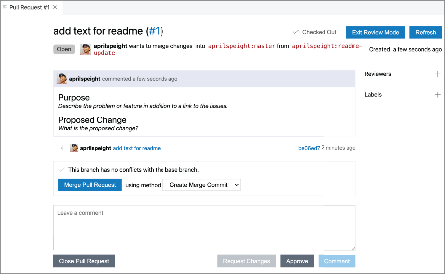Snapshot of the pull request opens in a new Pull Request tab in the editor. You can manage the pull request in Visual Studio Code using the same features available on GitHub.