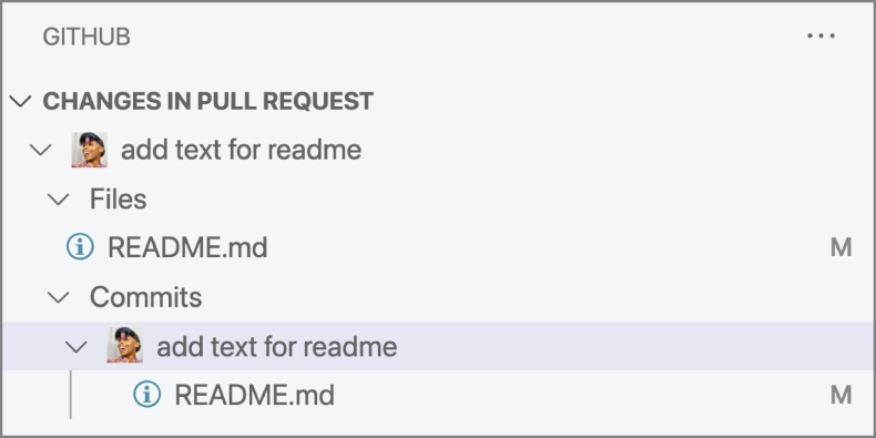 Snapshot of the Changes In Request section appears after a new pull request is created in the editor.