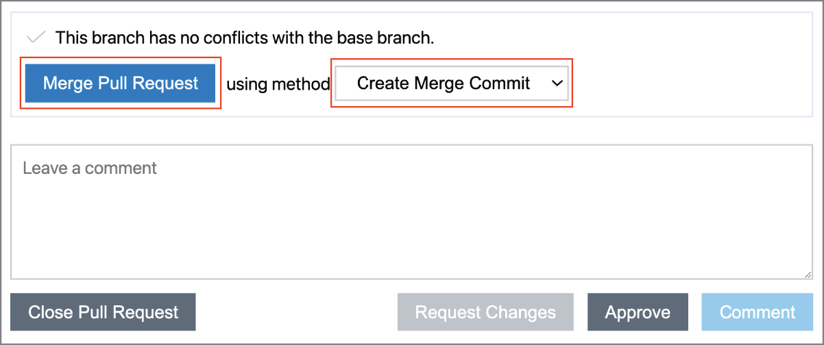 Snapshot of Select the merge method followed by Merge Pull Request.