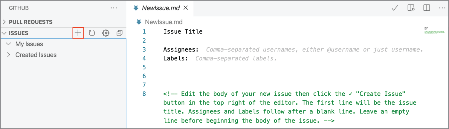 Snapshot of a NewIssue.md tab opens in the editor when a new issue is created.