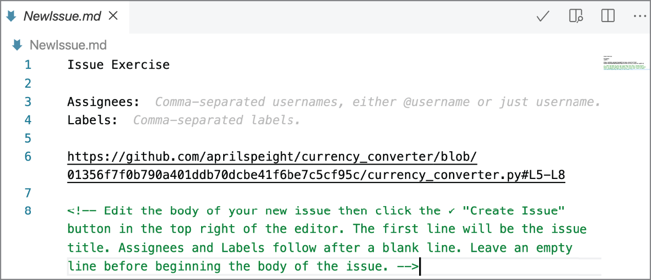 Snapshot of a new issue is created for lines 5–8 of the currency_converter.py file. A link to the lines of code is added to the NewIssue.md file.