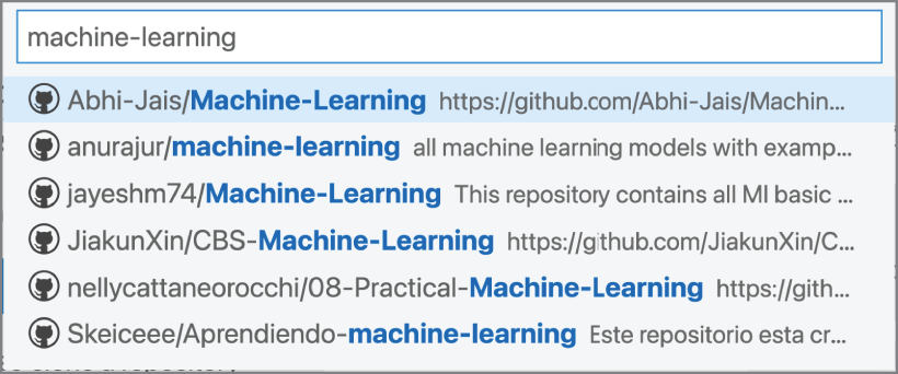Snapshot of the search term machine-learning is used to find all public repositories that include the term machine-learning