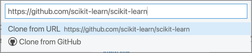 Snapshot of the URL for the Scikit-Learn repository is entered as the repository to clone.