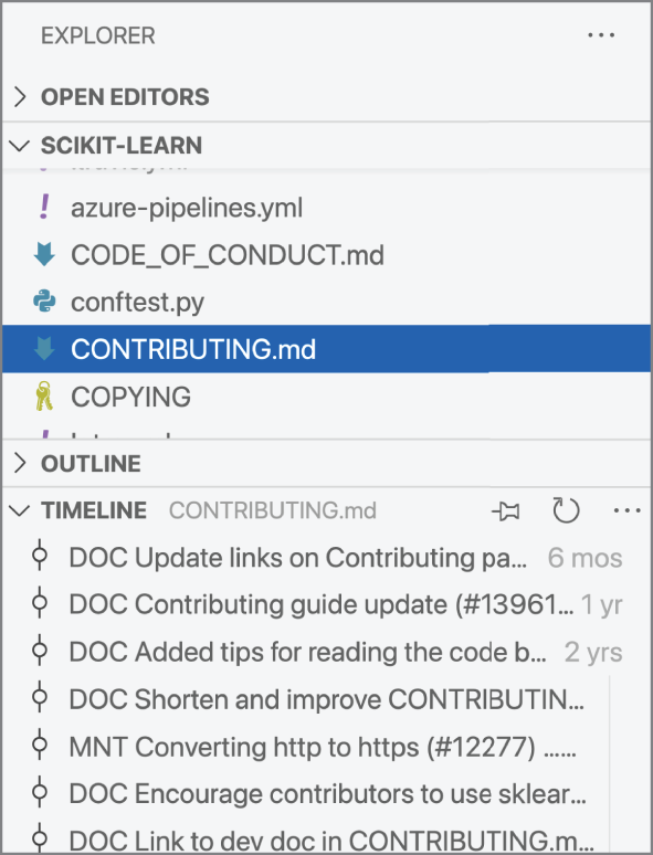 Snapshot of a list of changes for the CONTRIBUTING.md file displays in the Timeline view.