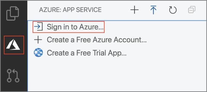 Snapshot of the Azure view is accessed by clicking the Azure logo in the Status Bar. To sign in to Azure, click Sign In To Azure.