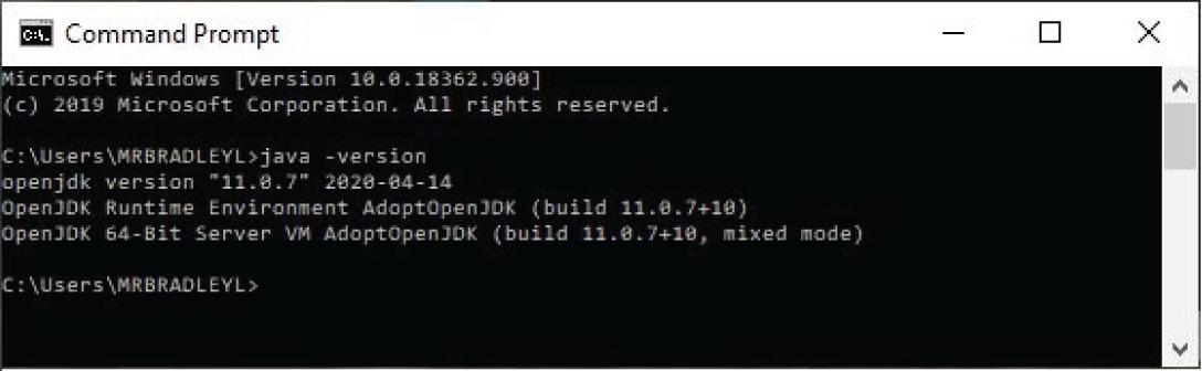 Snapshot of verifying the JDK was installed.