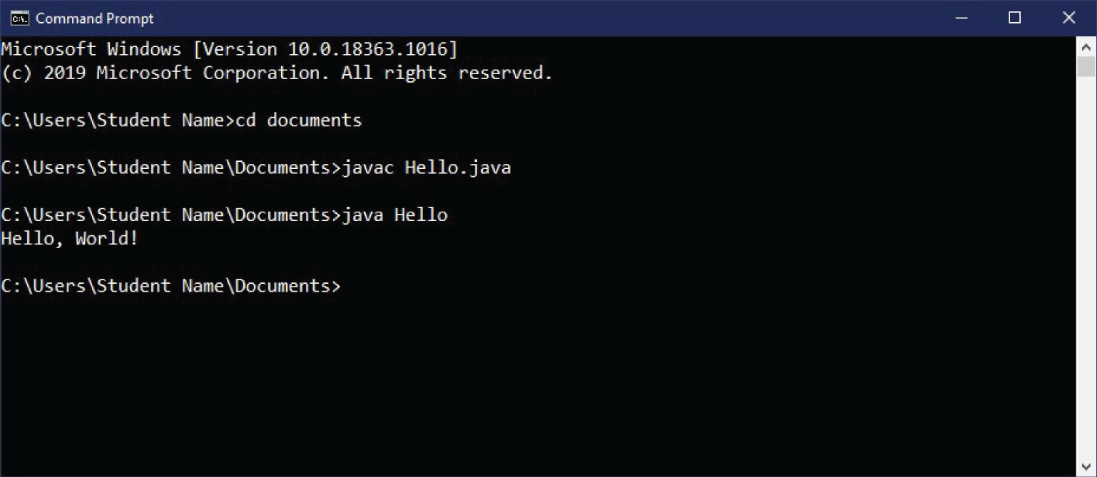 Snapshot of Hello.java output.