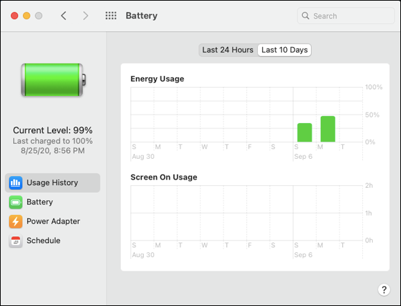 Snapshot of the Battery display, you can monitor how your MacBook is used.
