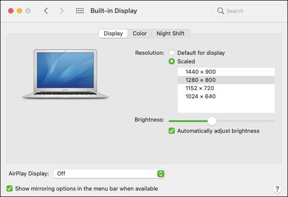 Snapshot of the Display pane that makes it easy to change the screen resolution.