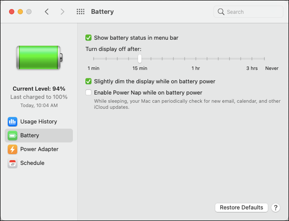 Snapshot of reducing the MacBook’s power consumption from the Battery pane.
