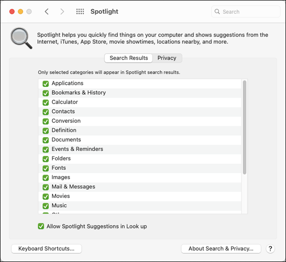 Snapshot of fine-tuning the Spotlight settings from System Preferences.