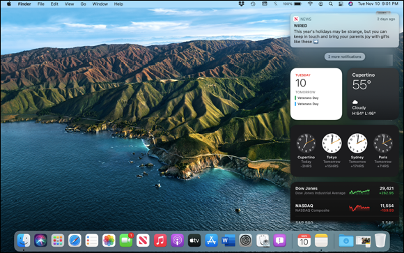 Snapshot of Notification Center muscles the desktop to the side