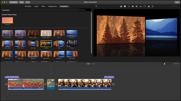 Snapshot of adding transitions for flow between clips in iMovie.