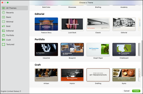 Snapshot of selecting a presentation theme from the Choose a Theme window.