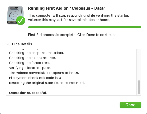 Snapshot of First Aid reporting that this drive is error-free.