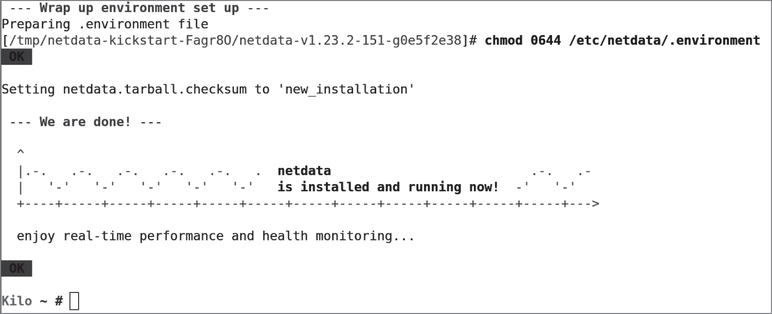 Snapshot of Netdata which has completed its installation successfully.