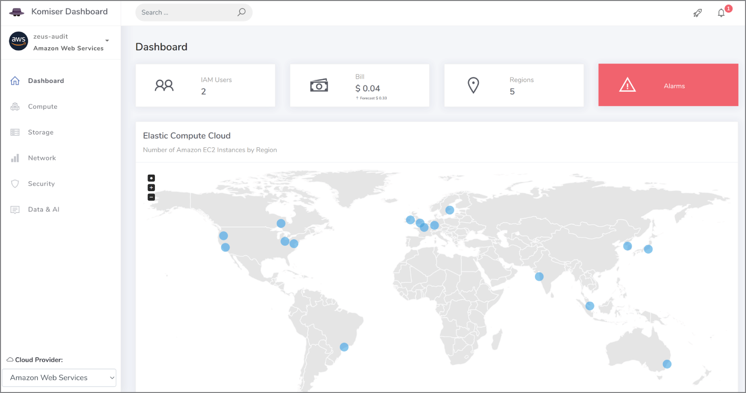 Snapshot of the splash screen for Komiser made available by our container.