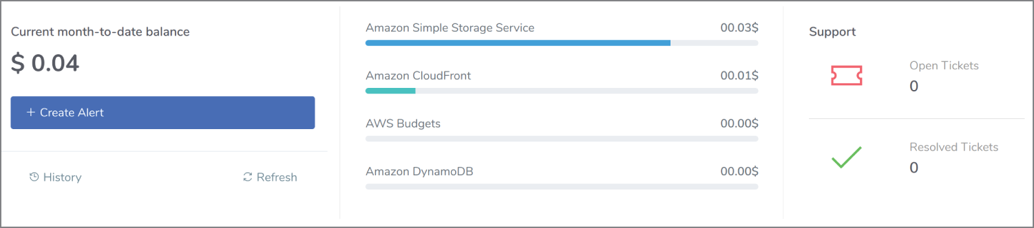 Snapshot of a billing summary per-service plus outstanding support tickets.