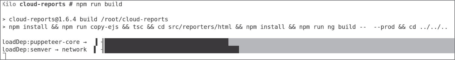 Snapshot of the start of the Cloud Reports build process, courtesy of Node.js.