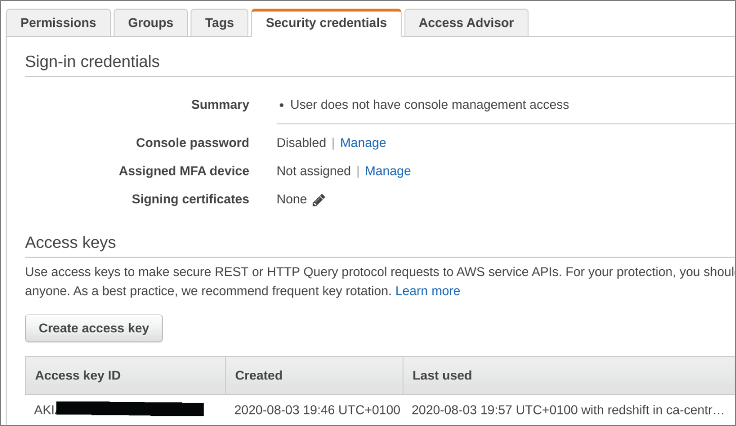 Snapshot of checking the progress via the Last Used column in IAM for your user or role.