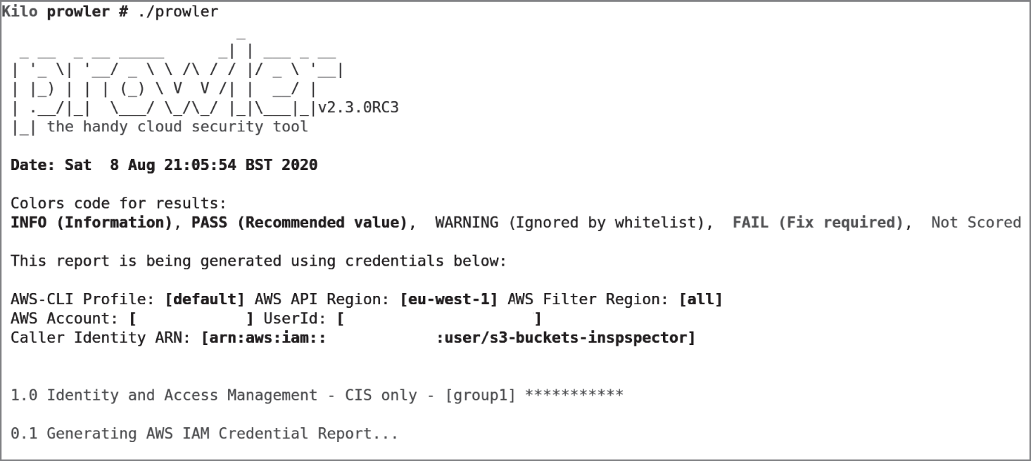 Snapshot of Prowler which is firing up and ready to scan a (redacted) AWS account.