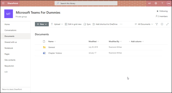 Snapshot of viewing the Files of a Teams channel in SharePoint.