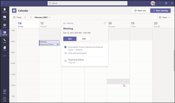 Snapshot of joining a Teams meeting by opening an Outlook meeting in the calendar.