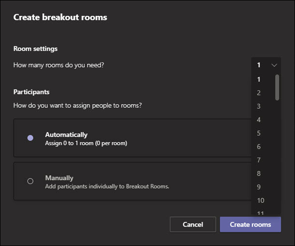 Snapshot of selecting the number of breakout rooms you need.
